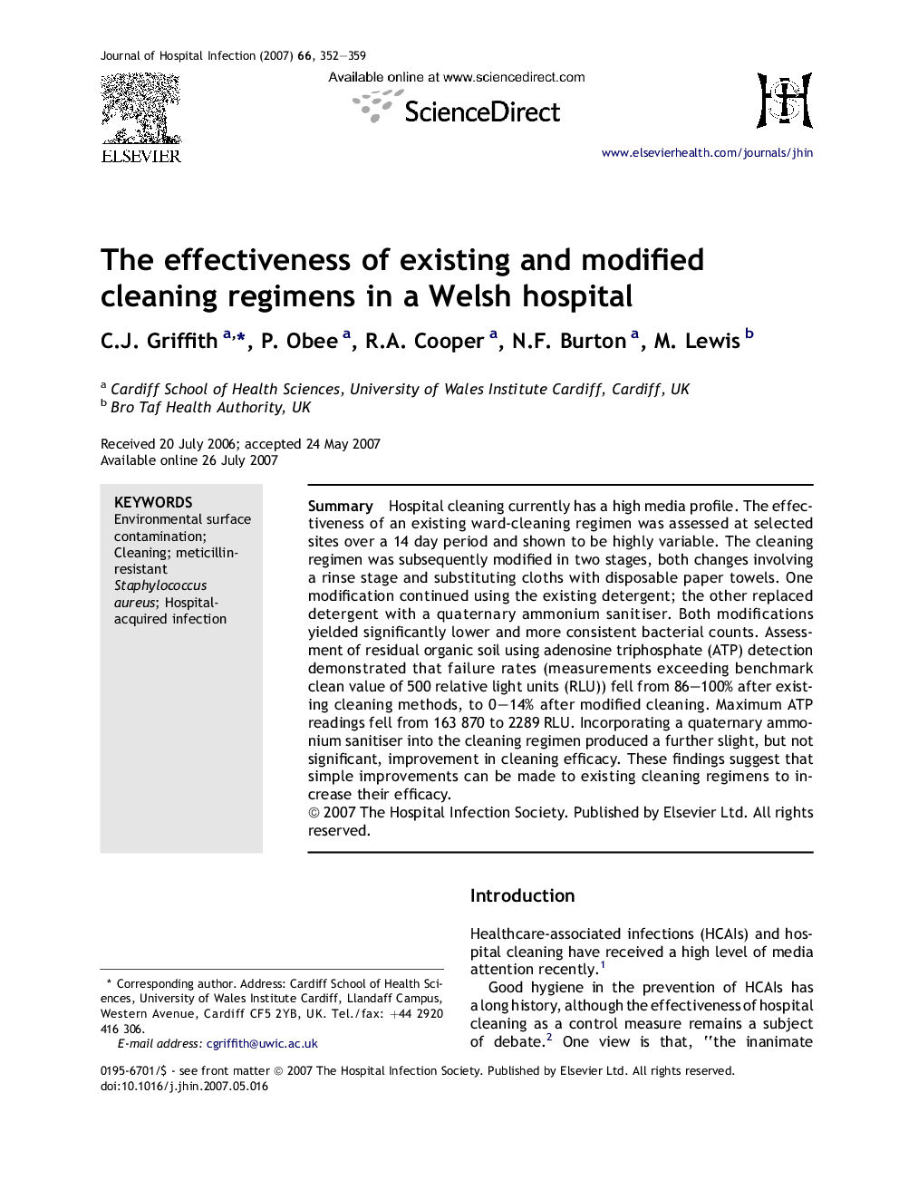 The effectiveness of existing and modified cleaning regimens in a Welsh hospital