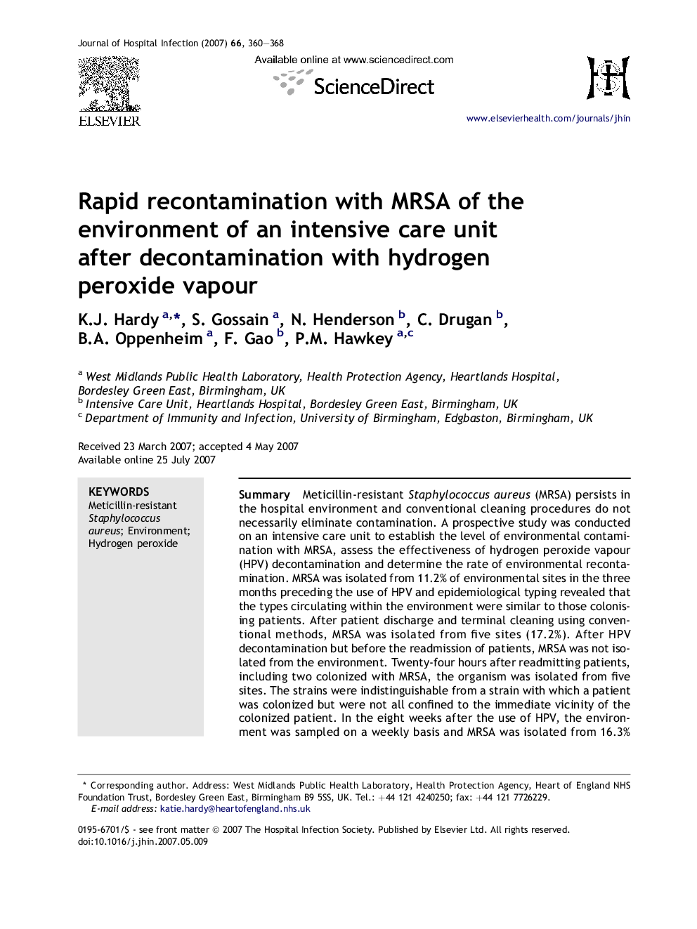 Rapid recontamination with MRSA of the environment of an intensive care unit after decontamination with hydrogen peroxide vapour