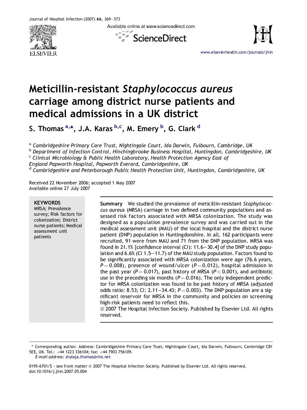 Meticillin-resistant Staphylococcus aureus carriage among district nurse patients and medical admissions in a UK district