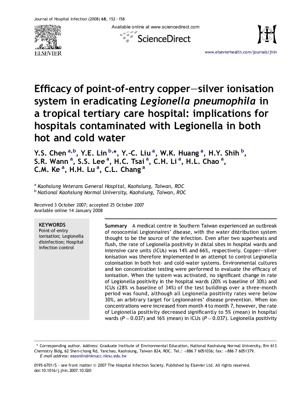 Efficacy of point-of-entry copper–silver ionisation system in eradicating Legionella pneumophila in a tropical tertiary care hospital: implications for hospitals contaminated with Legionella in both hot and cold water