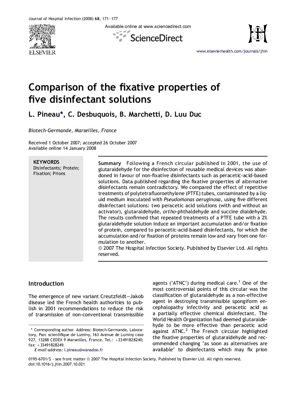 Comparison of the fixative properties of five disinfectant solutions