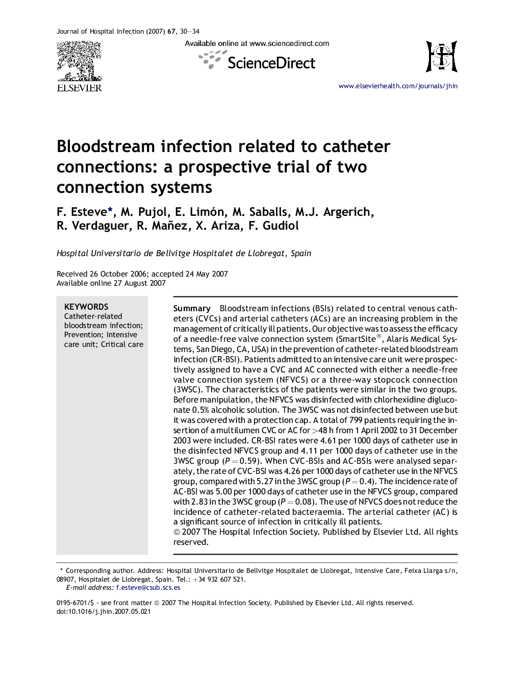 Bloodstream infection related to catheter connections: a prospective trial of two connection systems