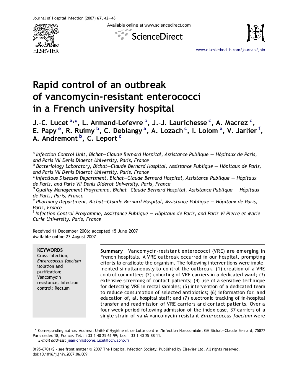 Rapid control of an outbreak of vancomycin-resistant enterococci in a French university hospital