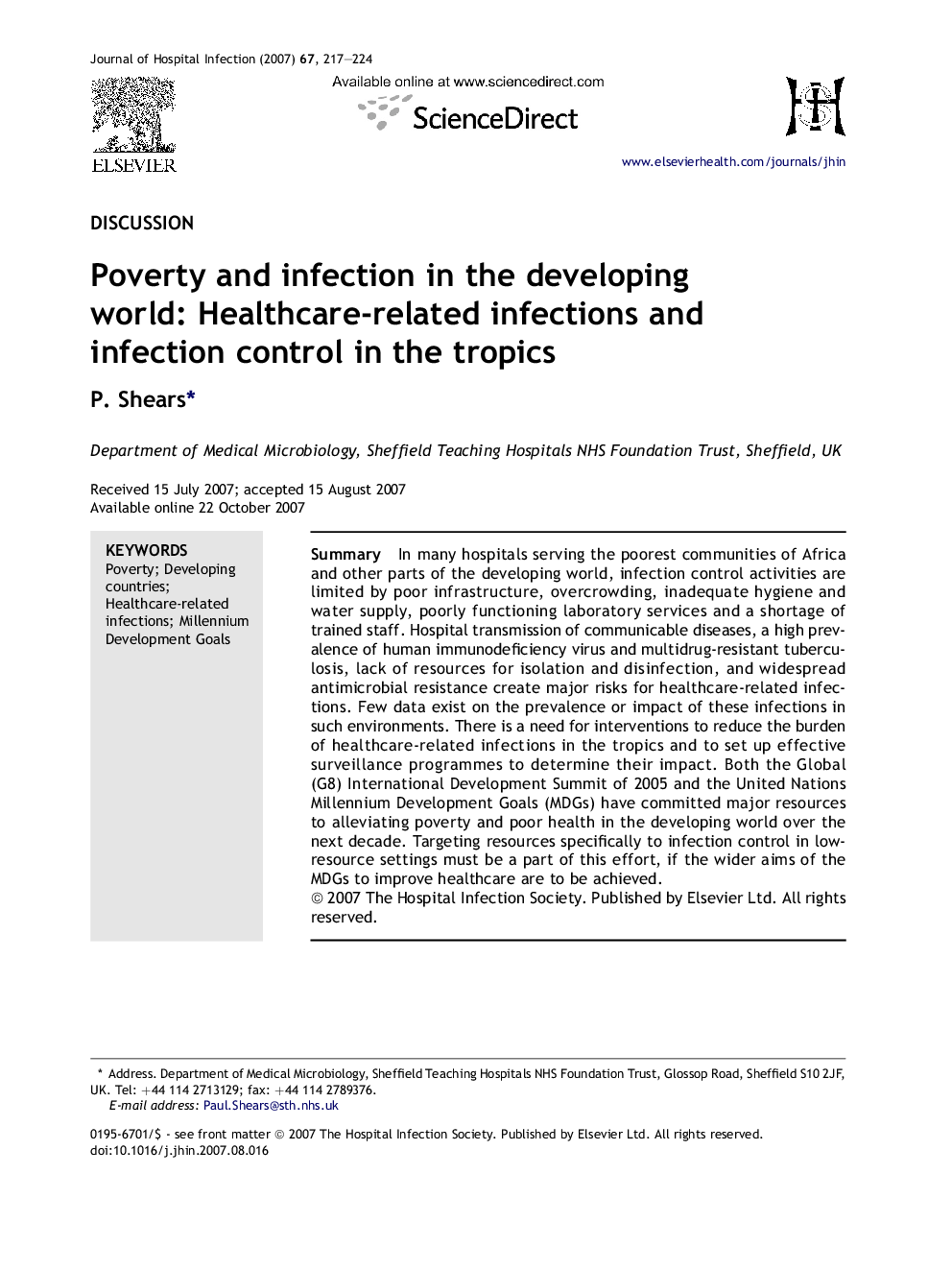 Poverty and infection in the developing world: Healthcare-related infections and infection control in the tropics