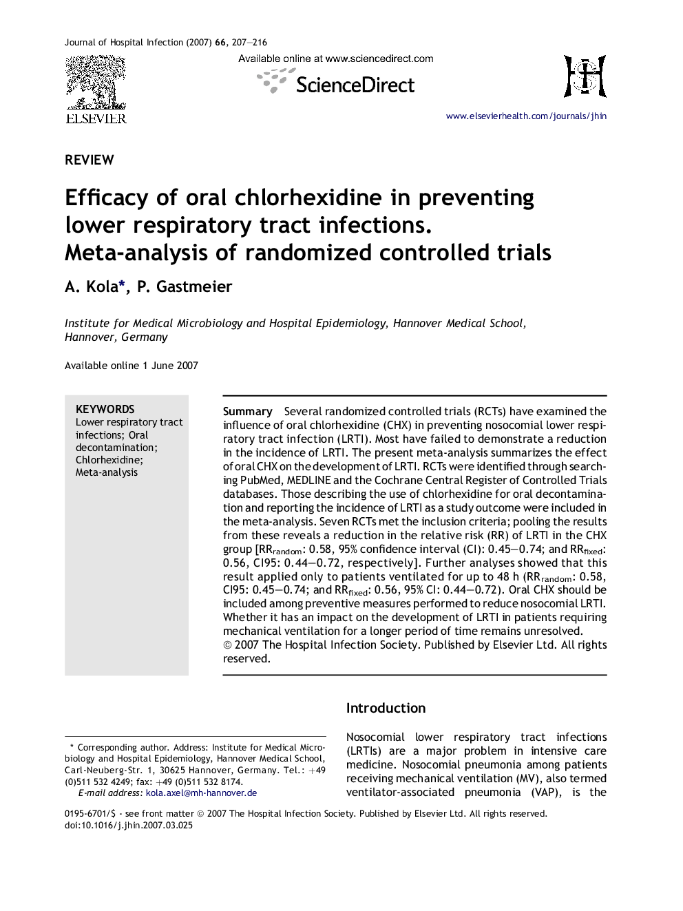 Efficacy of oral chlorhexidine in preventing lower respiratory tract infections. Meta-analysis of randomized controlled trials