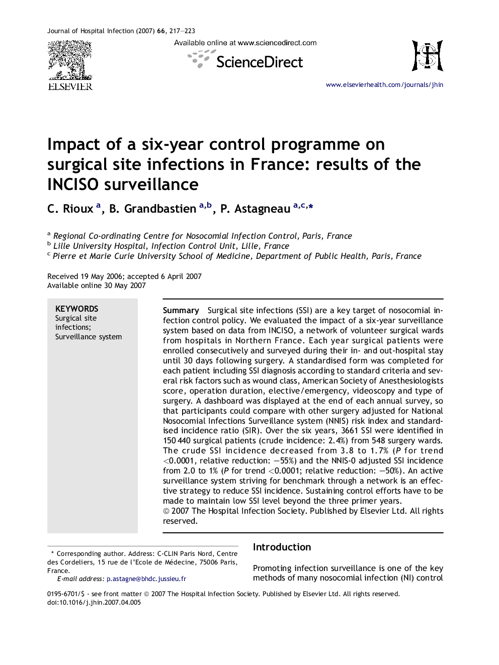 Impact of a six-year control programme on surgical site infections in France: results of the INCISO surveillance