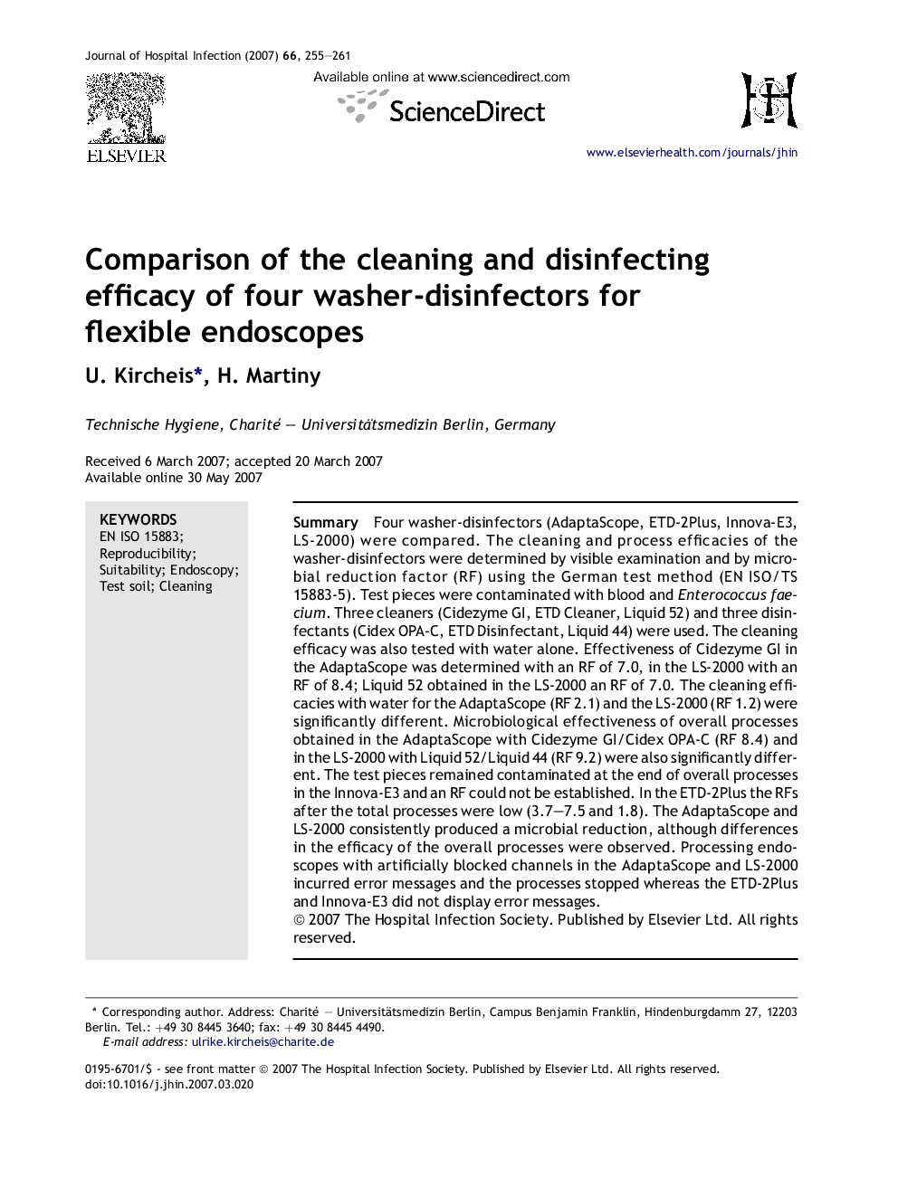 Comparison of the cleaning and disinfecting efficacy of four washer-disinfectors for flexible endoscopes