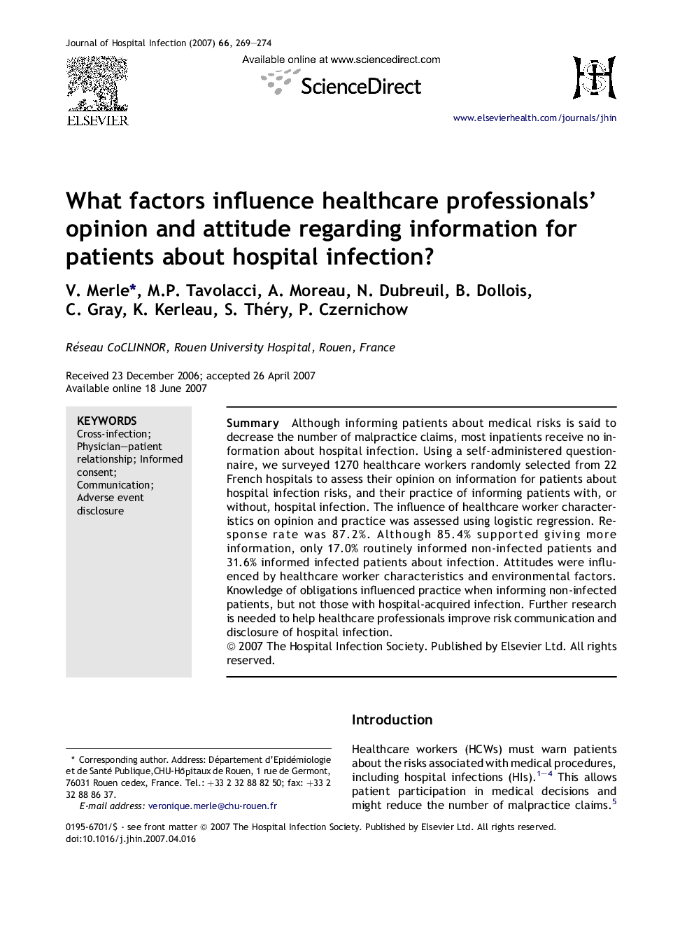 What factors influence healthcare professionals' opinion and attitude regarding information for patients about hospital infection?