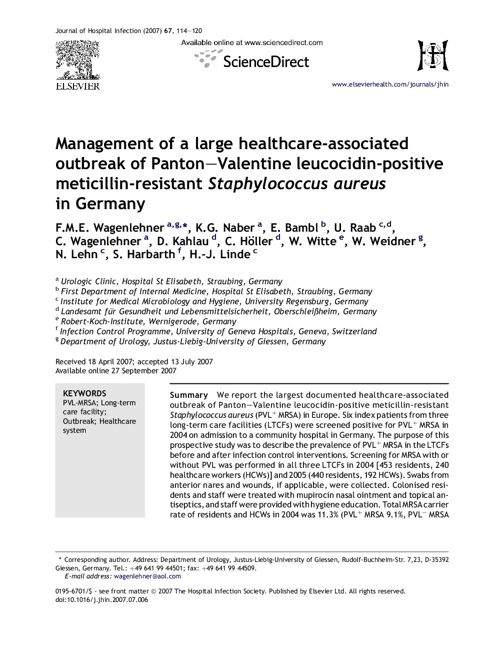 Management of a large healthcare-associated outbreak of Panton–Valentine leucocidin-positive meticillin-resistant Staphylococcus aureus in Germany