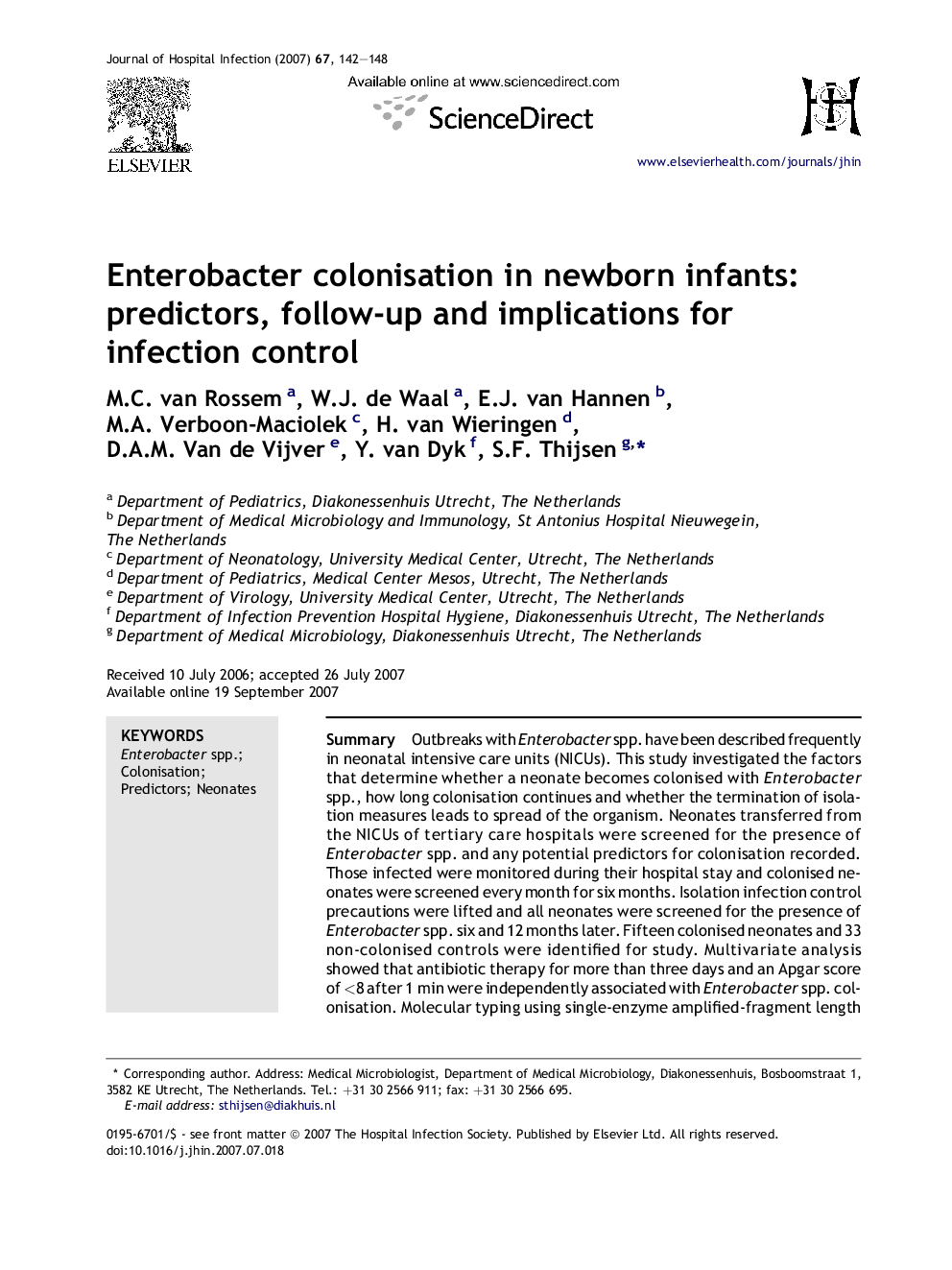 Enterobacter colonisation in newborn infants: predictors, follow-up and implications for infection control