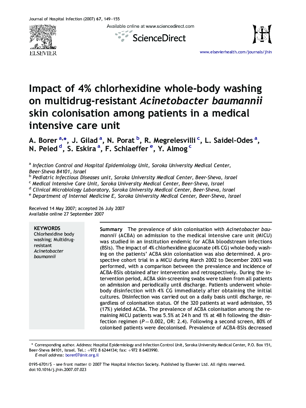 Impact of 4% chlorhexidine whole-body washing on multidrug-resistant Acinetobacter baumannii skin colonisation among patients in a medical intensive care unit