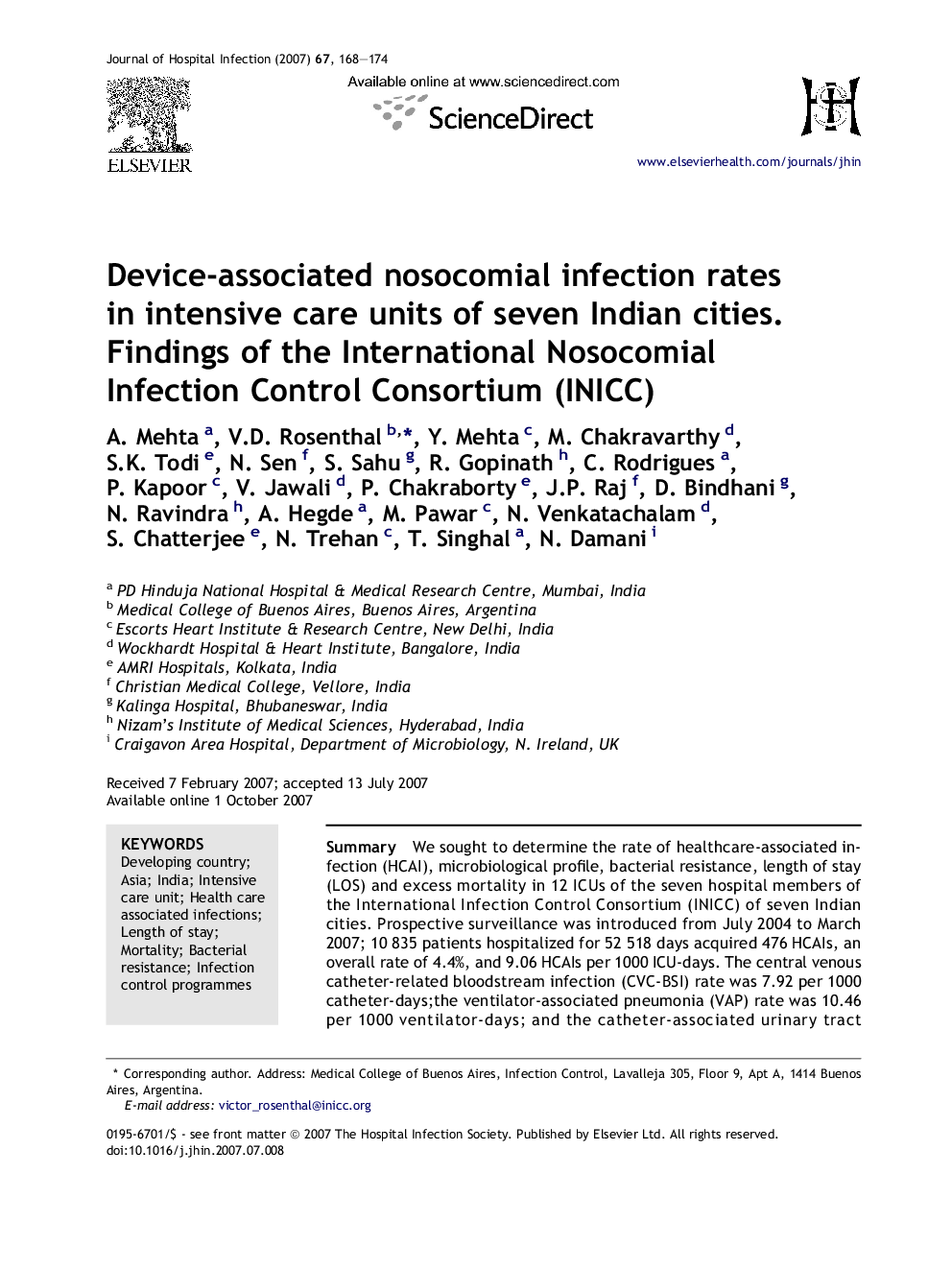 Device-associated nosocomial infection rates in intensive care units of seven Indian cities. Findings of the International Nosocomial Infection Control Consortium (INICC)