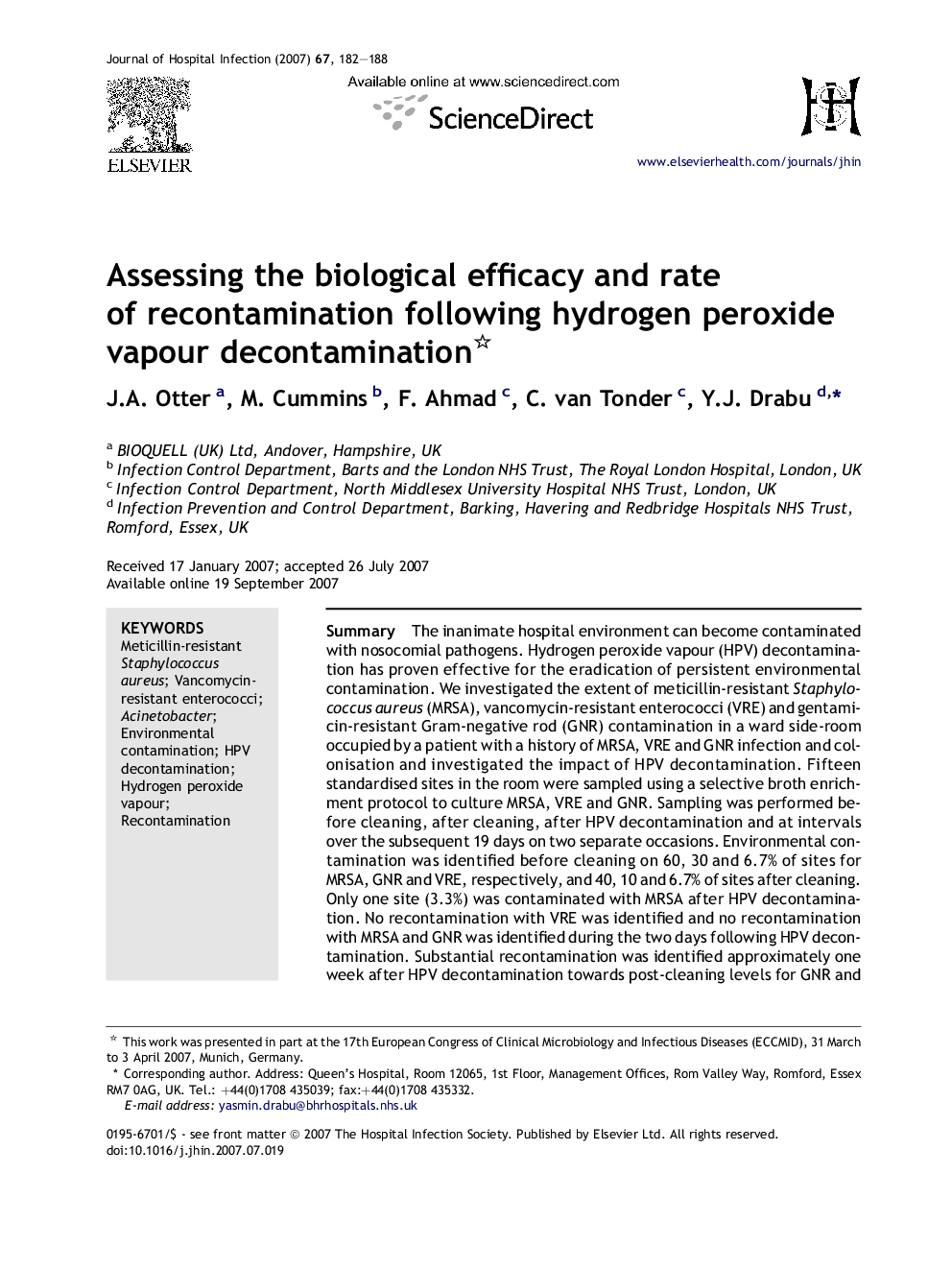 Assessing the biological efficacy and rate of recontamination following hydrogen peroxide vapour decontamination 