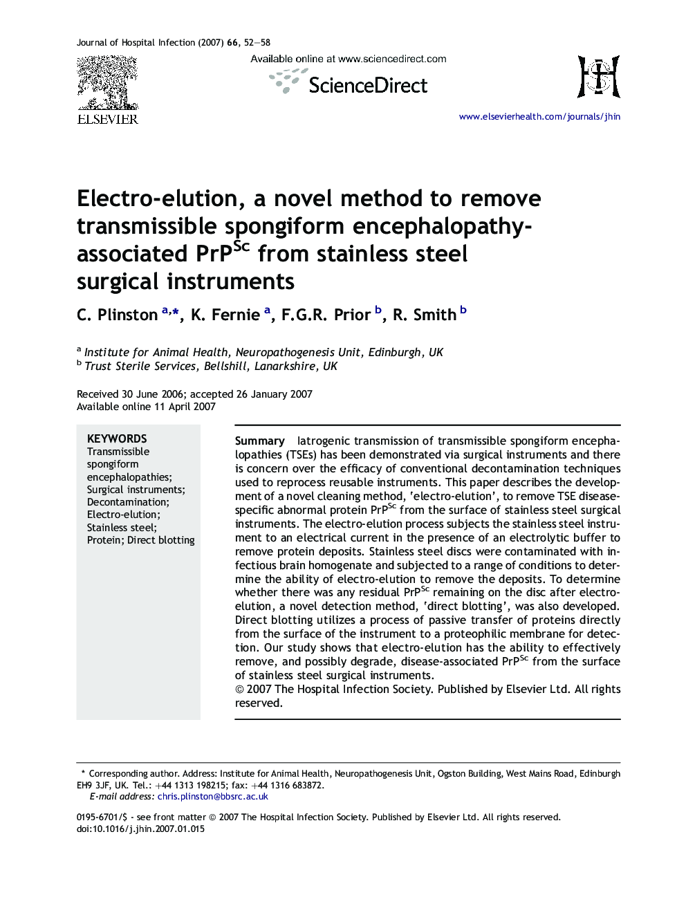 Electro-elution, a novel method to remove transmissible spongiform encephalopathy-associated PrPSc from stainless steel surgical instruments