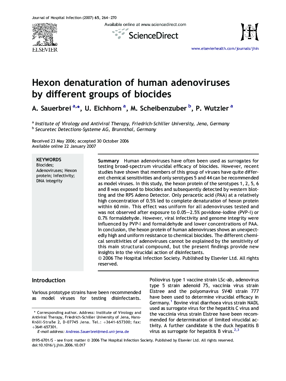 Hexon denaturation of human adenoviruses by different groups of biocides