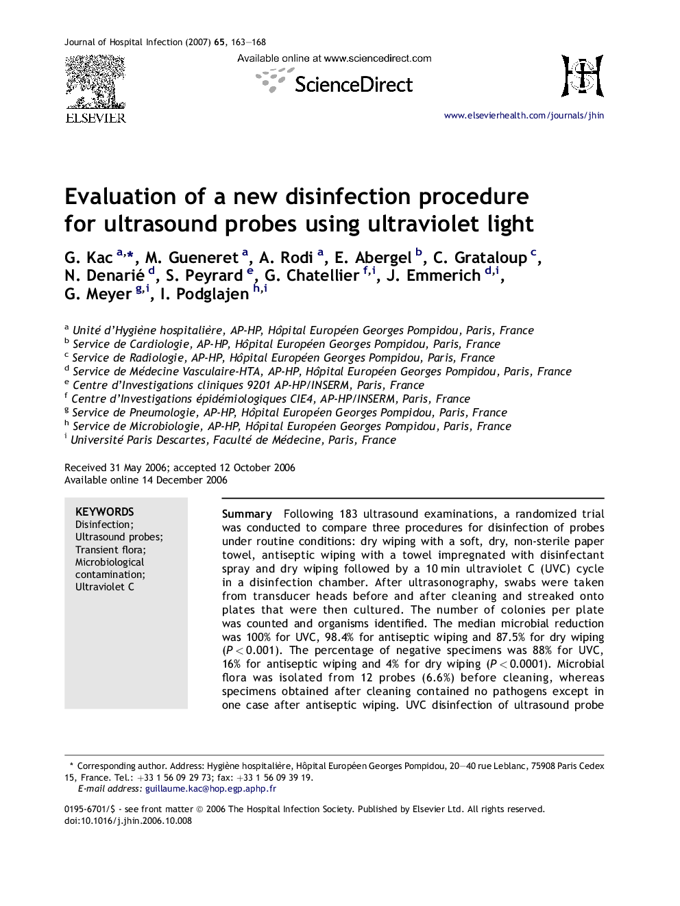 Evaluation of a new disinfection procedure for ultrasound probes using ultraviolet light