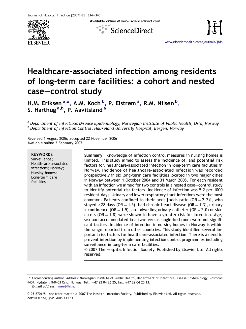 Healthcare-associated infection among residents of long-term care facilities: a cohort and nested case–control study