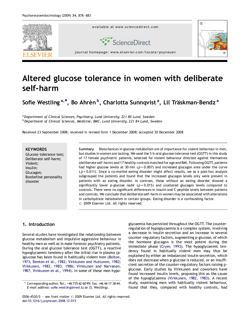 Altered glucose tolerance in women with deliberate self-harm