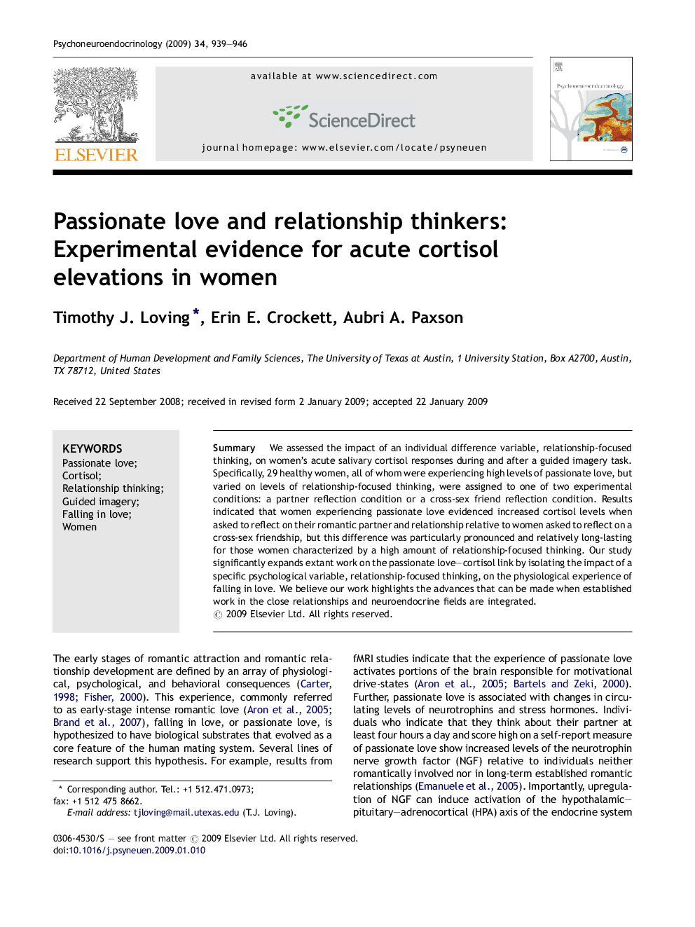 Passionate love and relationship thinkers: Experimental evidence for acute cortisol elevations in women