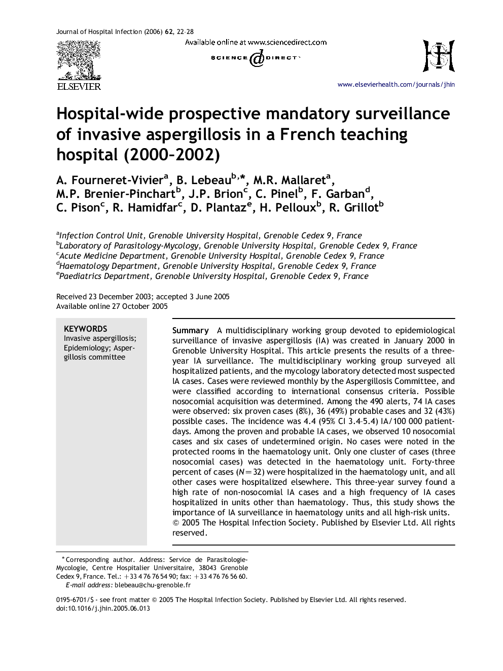 Hospital-wide prospective mandatory surveillance of invasive aspergillosis in a French teaching hospital (2000-2002)