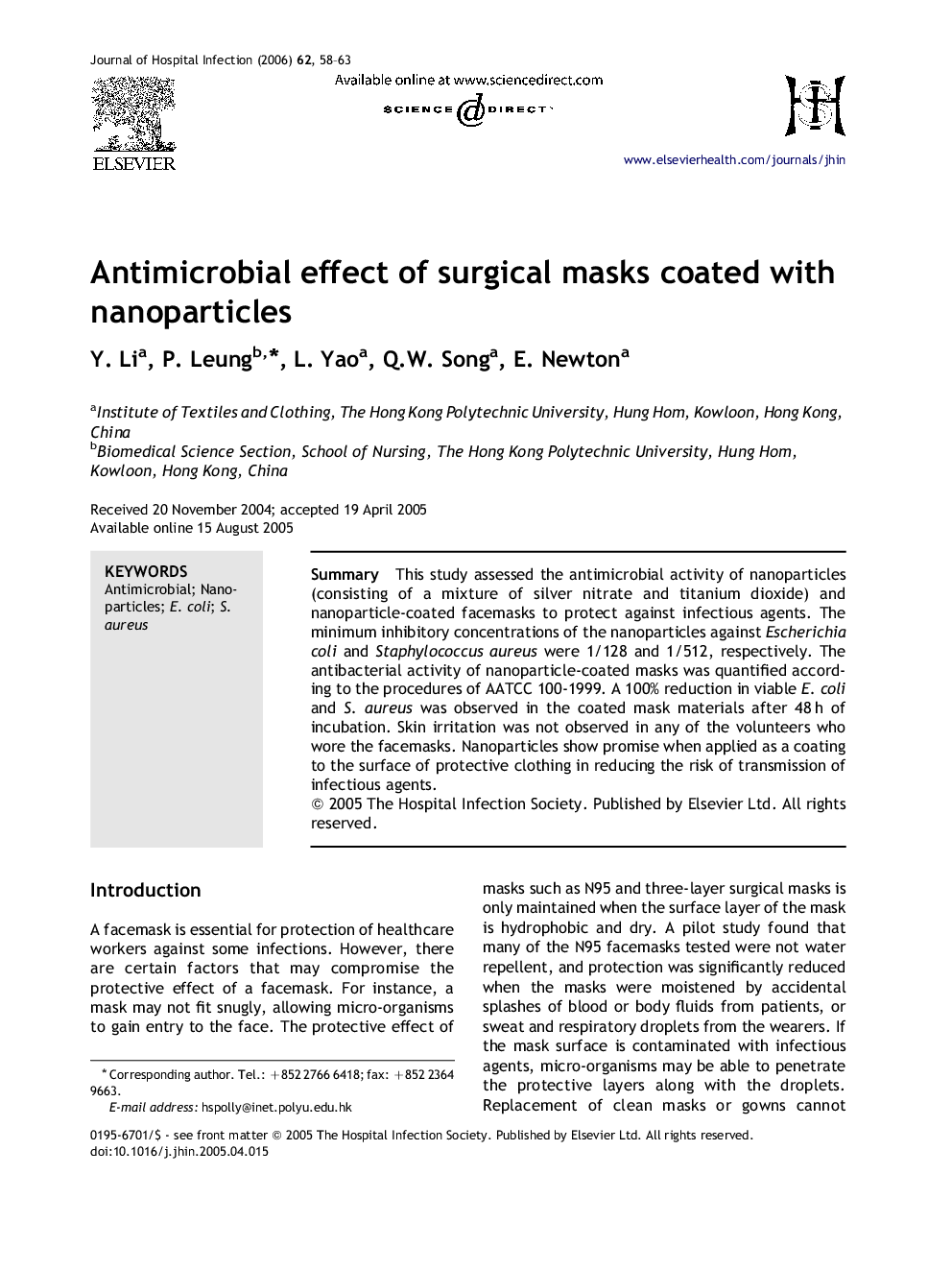 Antimicrobial effect of surgical masks coated with nanoparticles