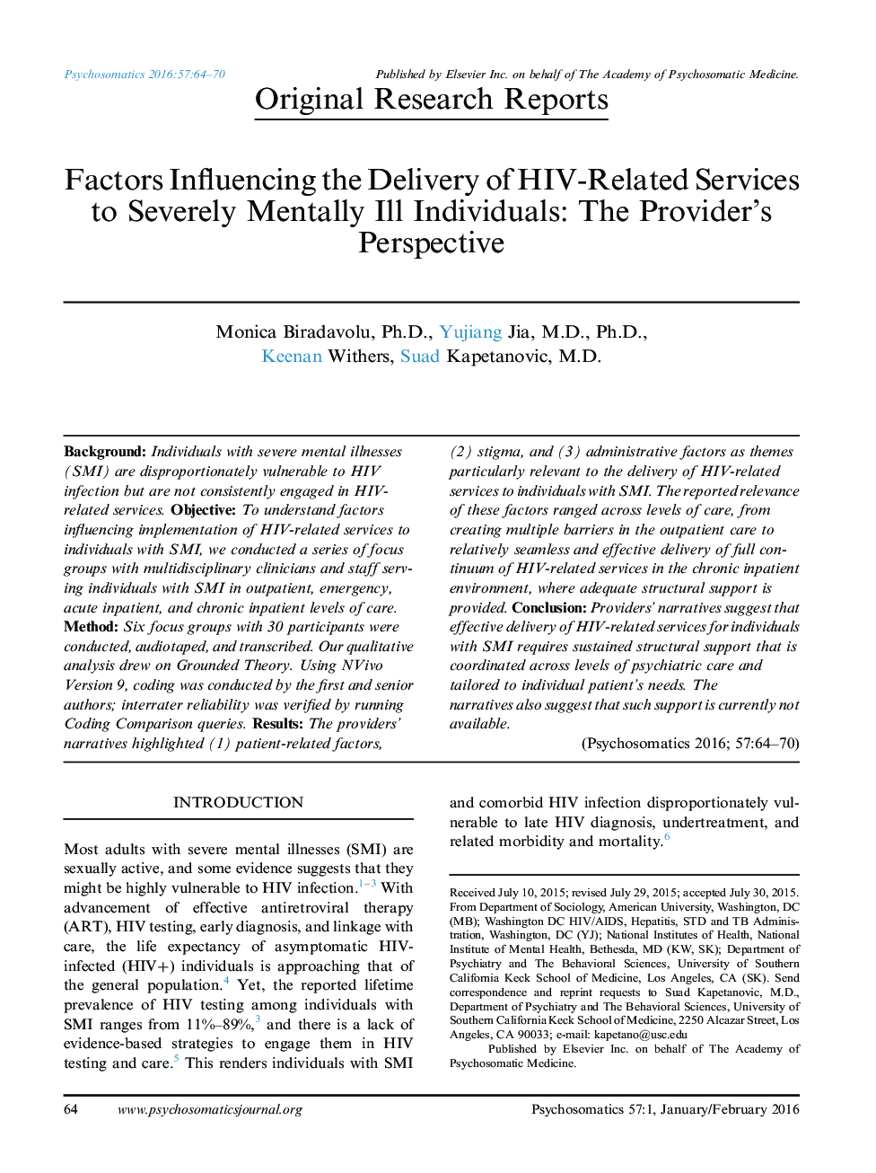 عوامل موثر بر ارائه خدمات مرتبط با HIV به افراد شدت روانی: چشم انداز ارائه دهنده