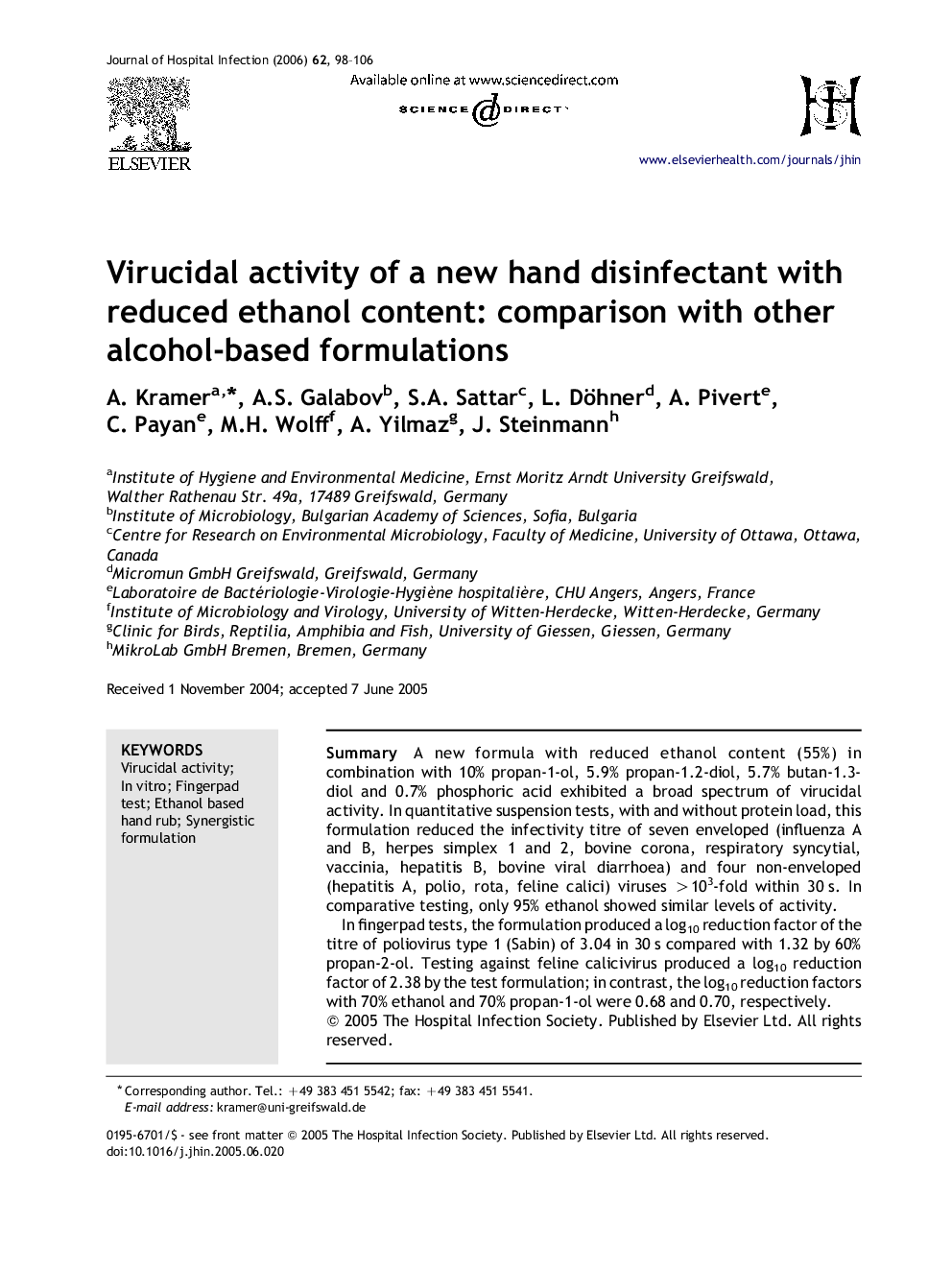 Virucidal activity of a new hand disinfectant with reduced ethanol content: comparison with other alcohol-based formulations