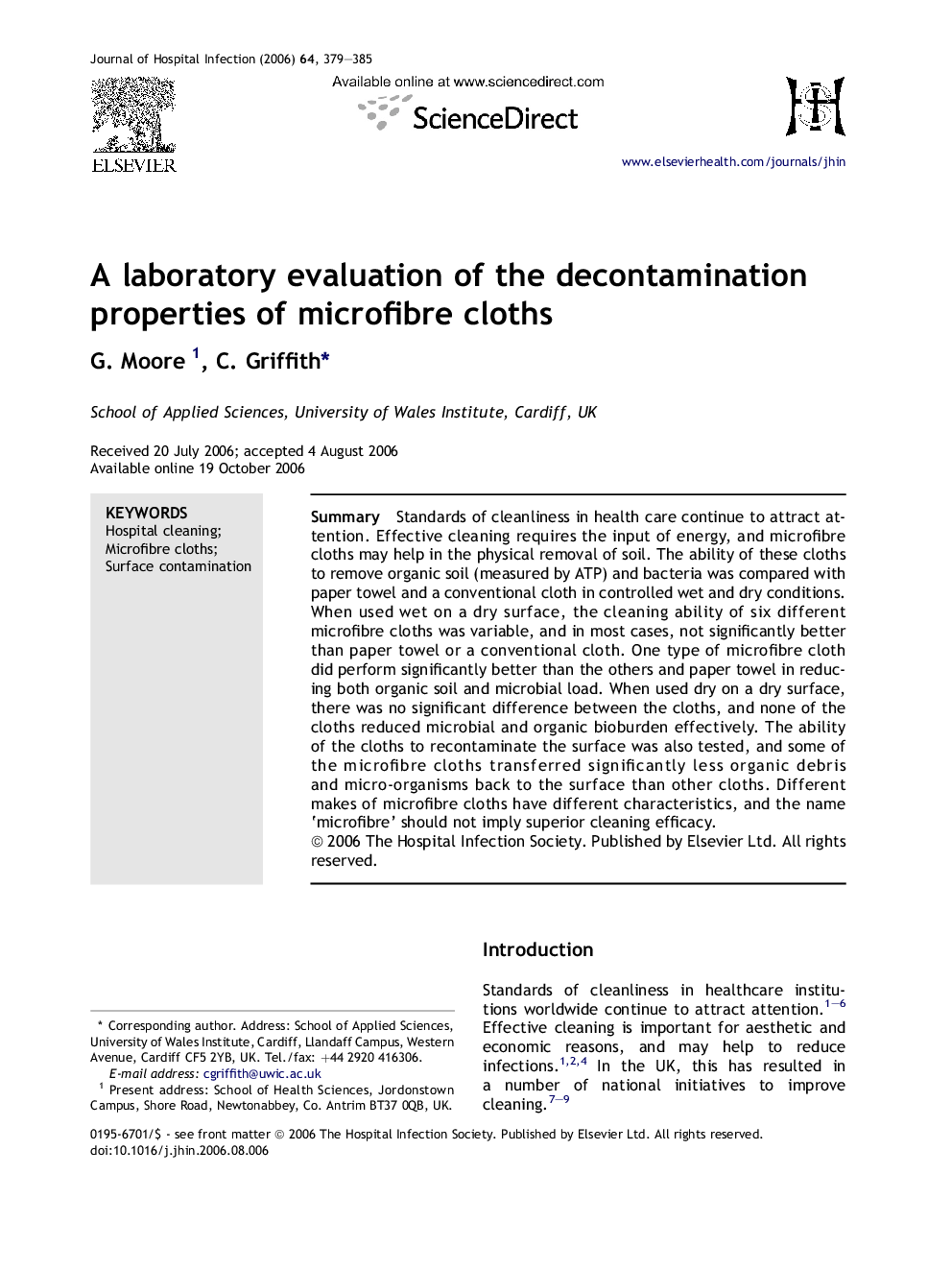 A laboratory evaluation of the decontamination properties of microfibre cloths