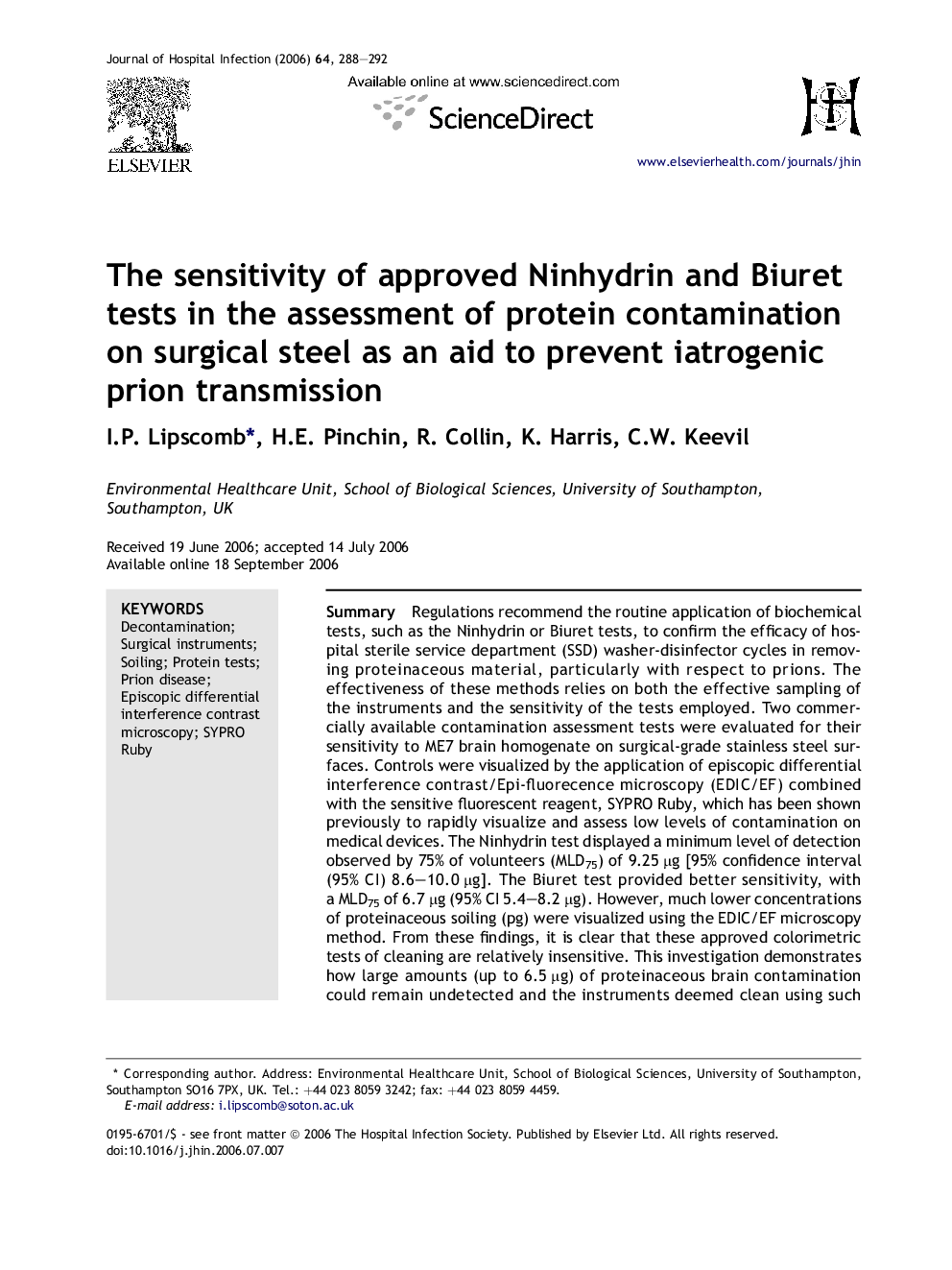 The sensitivity of approved Ninhydrin and Biuret tests in the assessment of protein contamination on surgical steel as an aid to prevent iatrogenic prion transmission