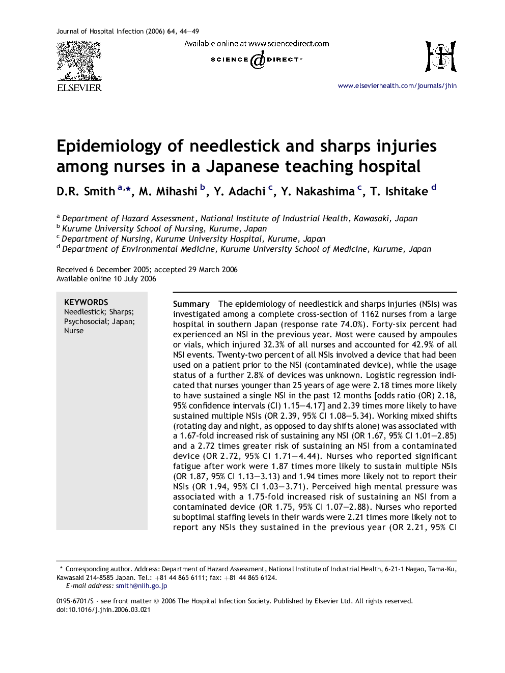 Epidemiology of needlestick and sharps injuries among nurses in a Japanese teaching hospital