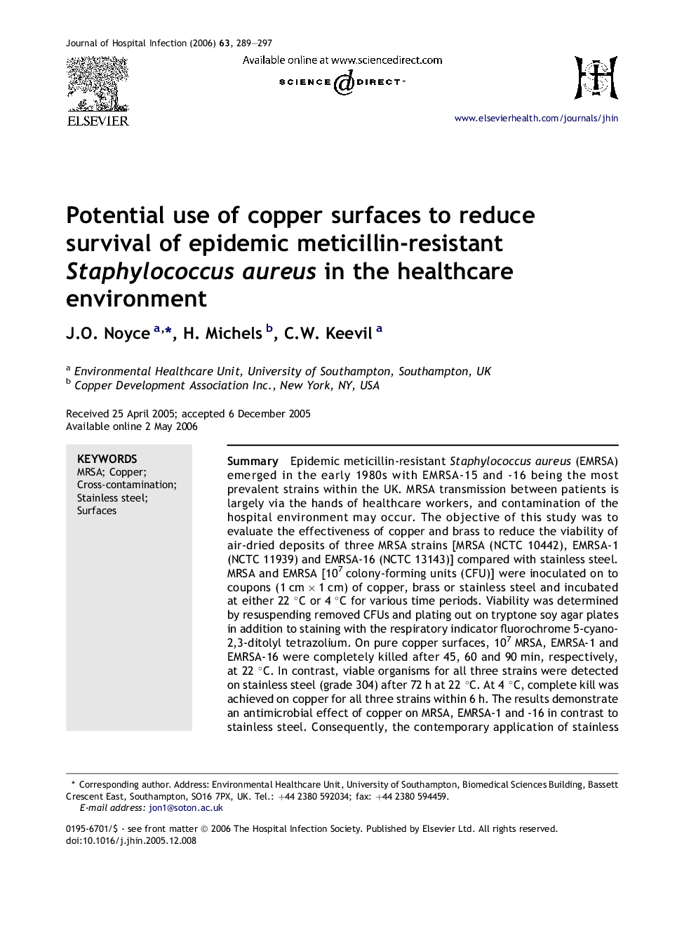 Potential use of copper surfaces to reduce survival of epidemic meticillin-resistant Staphylococcus aureus in the healthcare environment