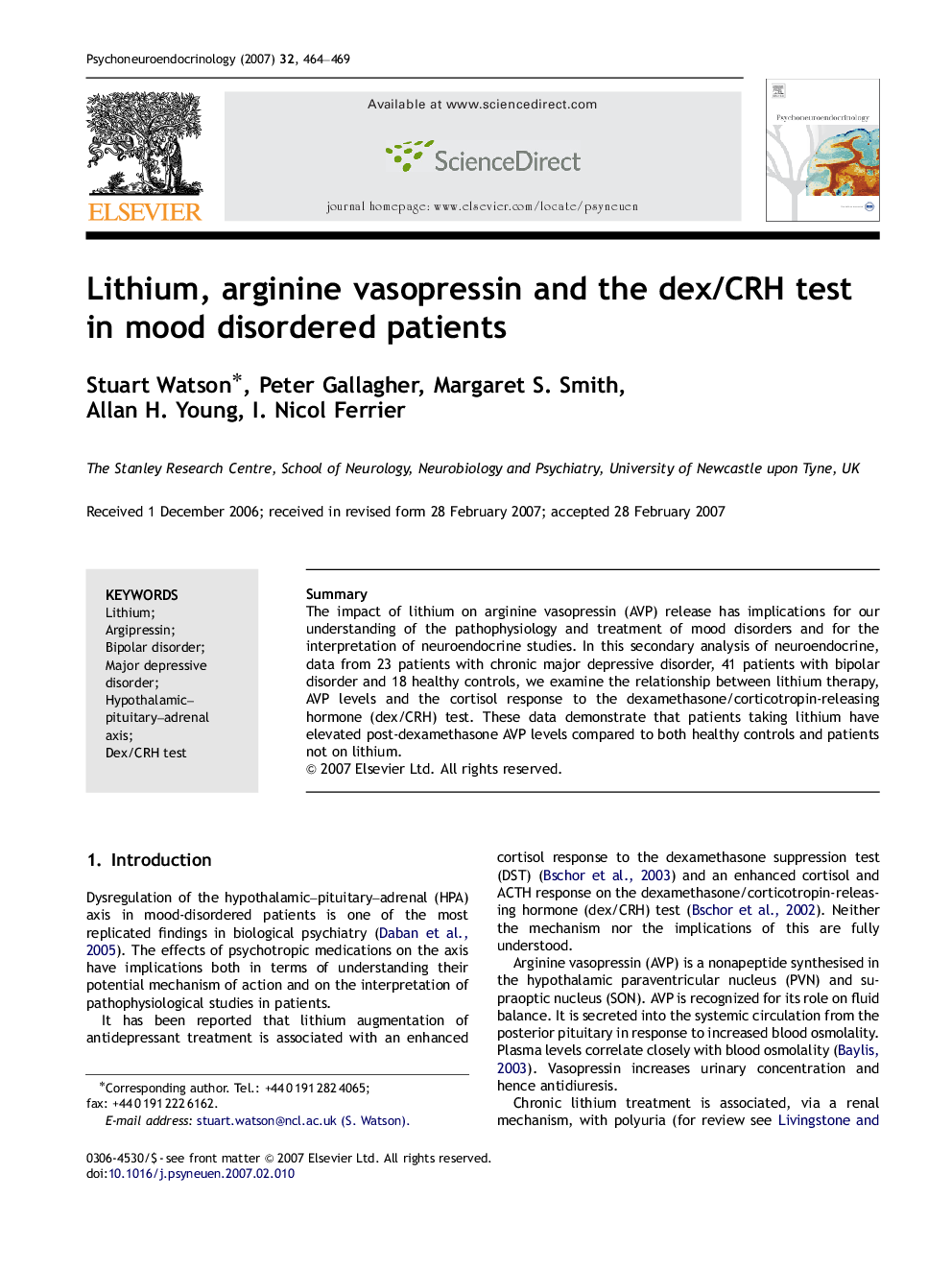 Lithium, arginine vasopressin and the dex/CRH test in mood disordered patients