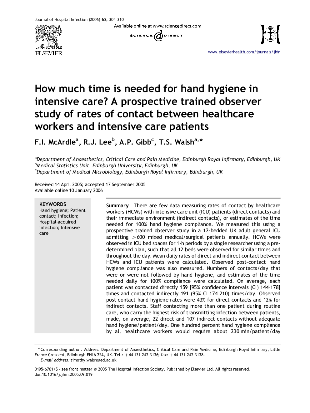 How much time is needed for hand hygiene in intensive care? A prospective trained observer study of rates of contact between healthcare workers and intensive care patients