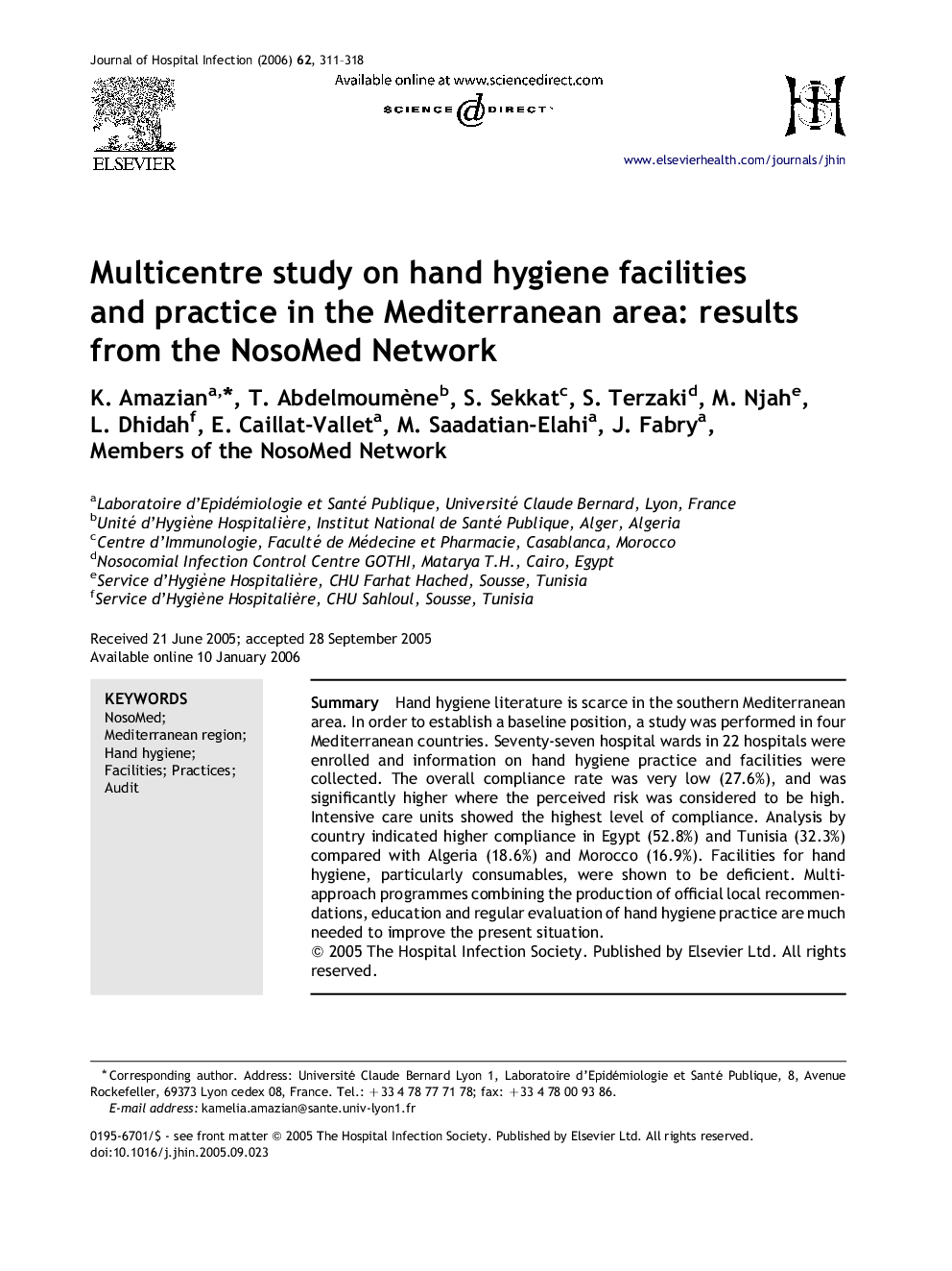 Multicentre study on hand hygiene facilities and practice in the Mediterranean area: results from the NosoMed Network