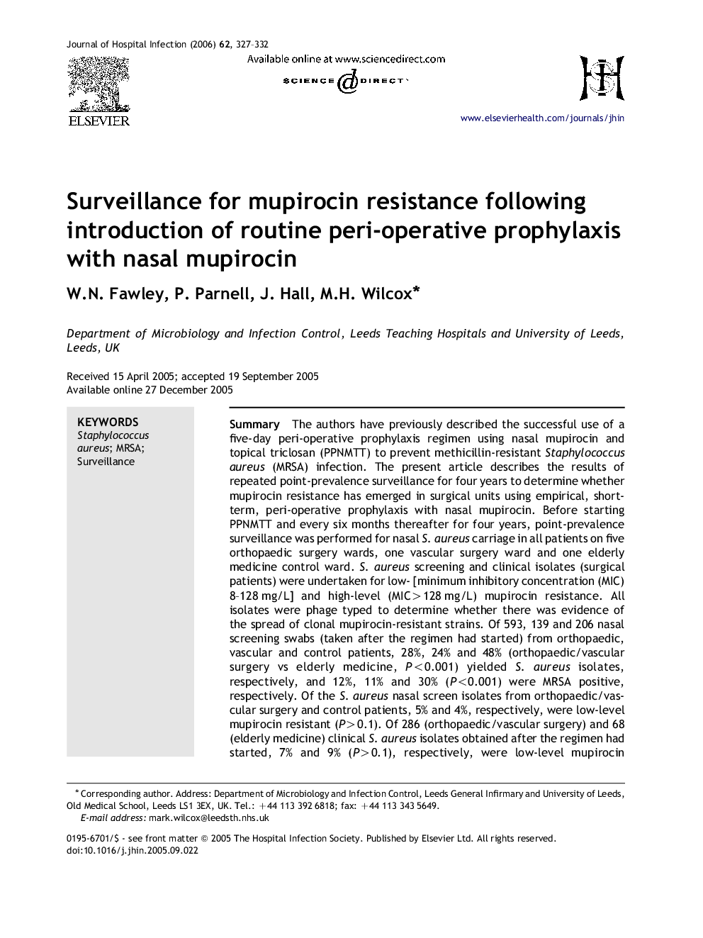 Surveillance for mupirocin resistance following introduction of routine peri-operative prophylaxis with nasal mupirocin