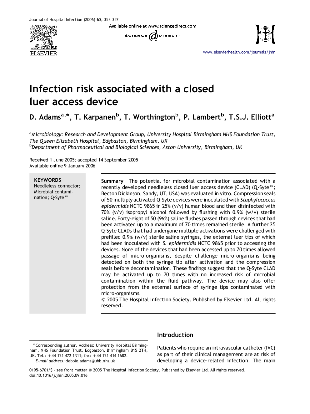 Infection risk associated with a closed luer access device