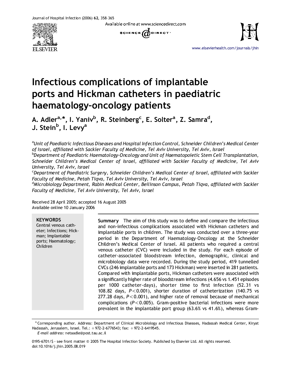 Infectious complications of implantable ports and Hickman catheters in paediatric haematology–oncology patients