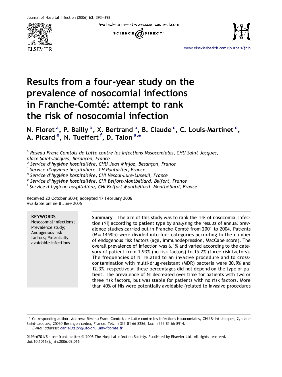 Results from a four-year study on the prevalence of nosocomial infections in Franche-Comté: attempt to rank the risk of nosocomial infection