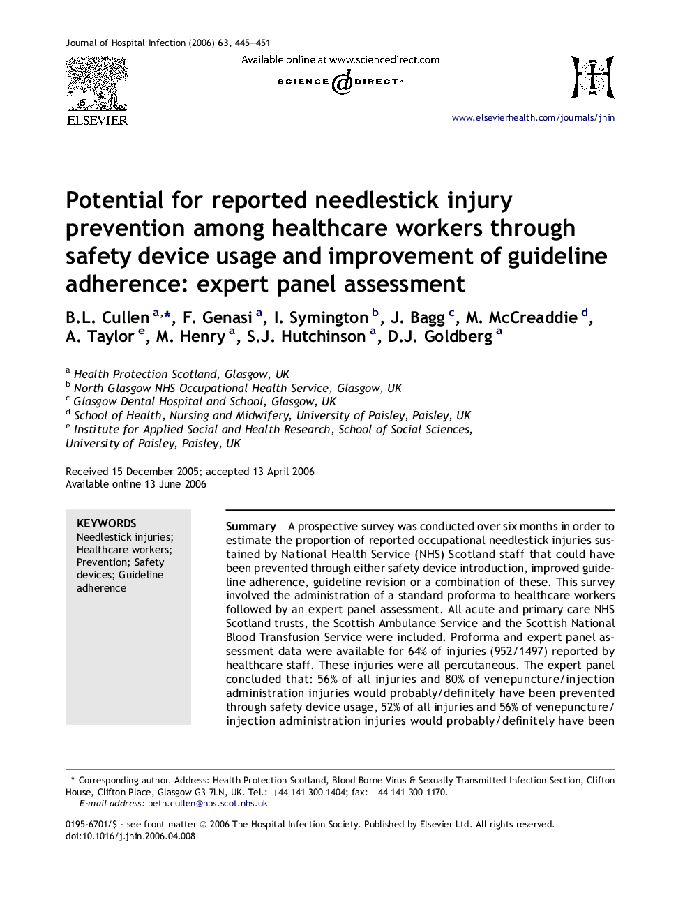 Potential for reported needlestick injury prevention among healthcare workers through safety device usage and improvement of guideline adherence: expert panel assessment