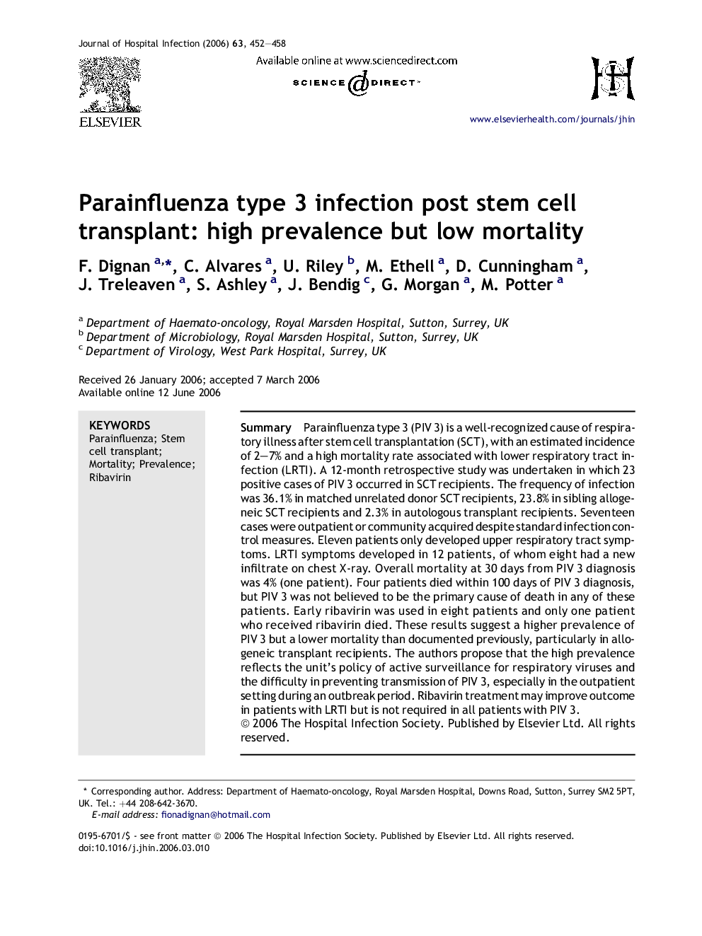 Parainfluenza type 3 infection post stem cell transplant: high prevalence but low mortality