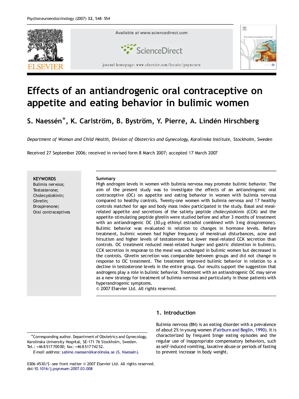 Effects of an antiandrogenic oral contraceptive on appetite and eating behavior in bulimic women