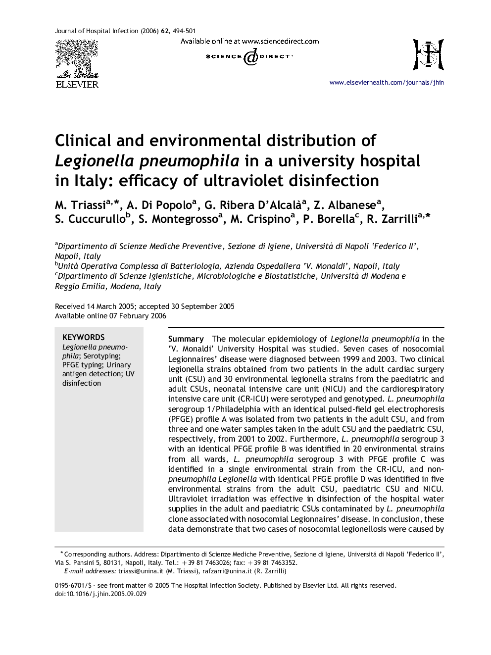 Clinical and environmental distribution of Legionella pneumophila in a university hospital in Italy: efficacy of ultraviolet disinfection