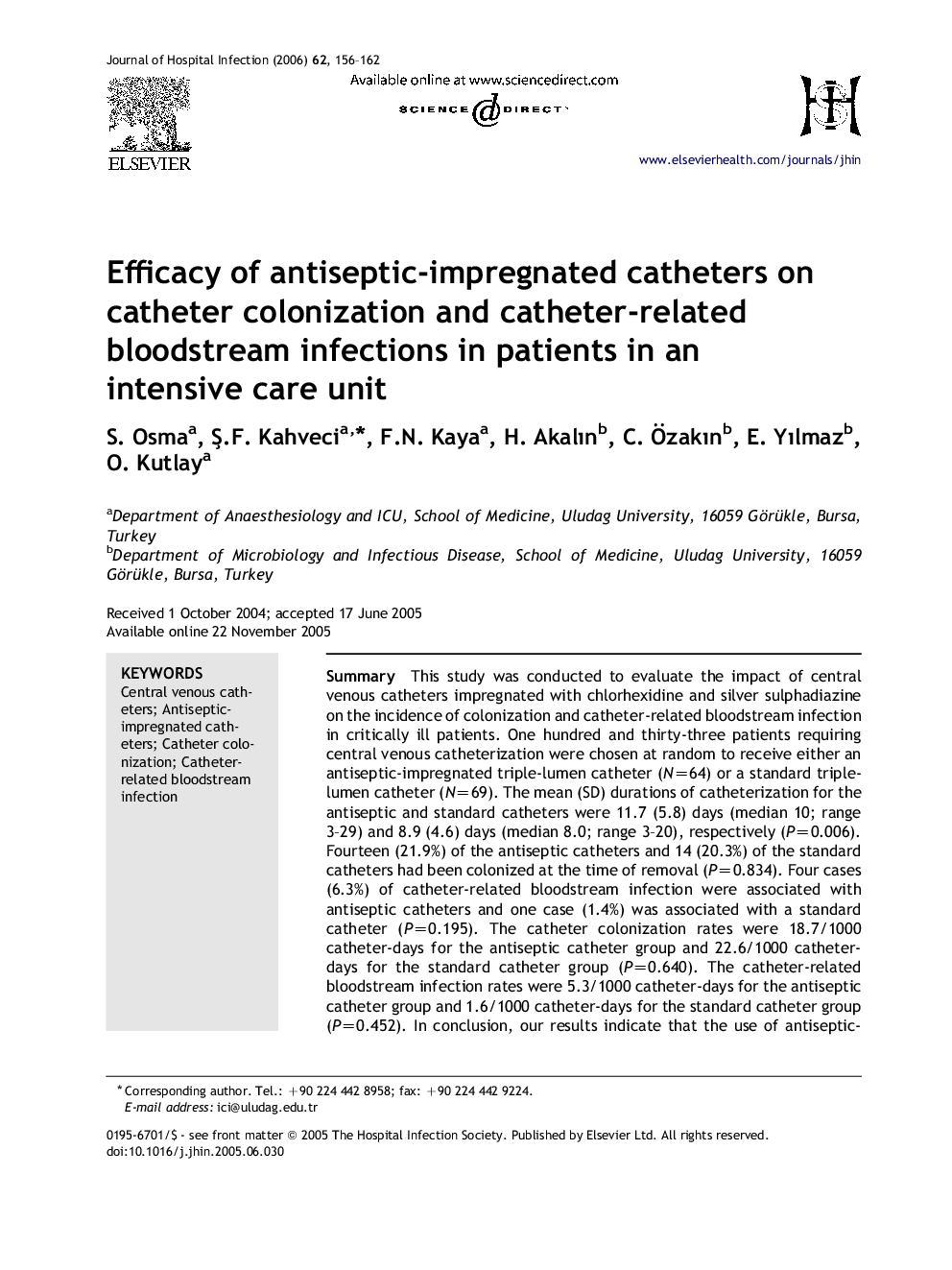 Efficacy of antiseptic-impregnated catheters on catheter colonization and catheter-related bloodstream infections in patients in an intensive care unit