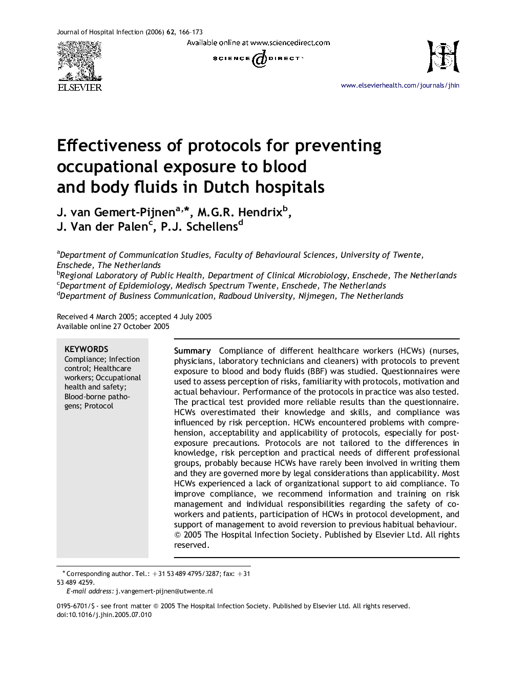 Effectiveness of protocols for preventing occupational exposure to blood and body fluids in Dutch hospitals