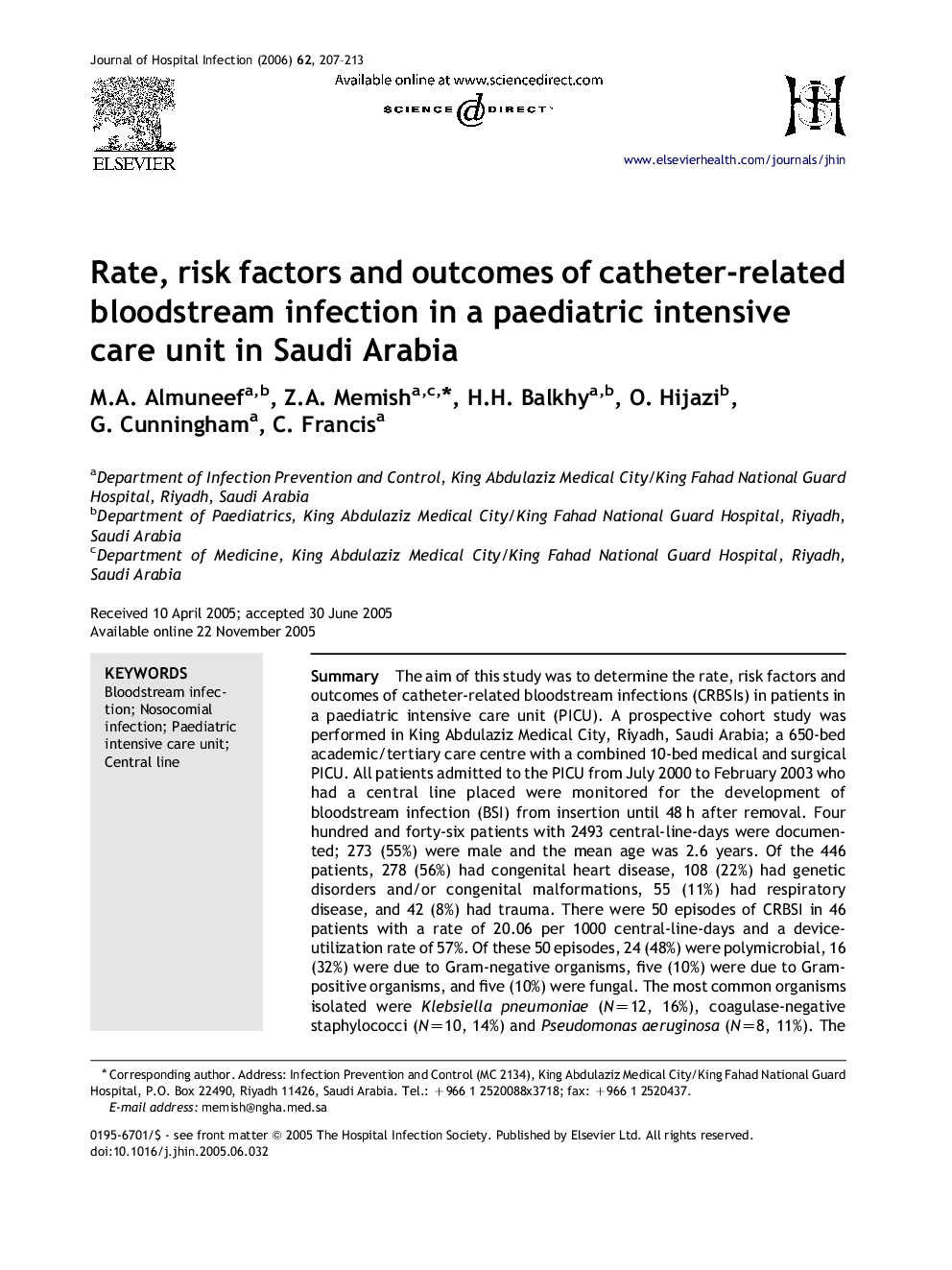 Rate, risk factors and outcomes of catheter-related bloodstream infection in a paediatric intensive care unit in Saudi Arabia