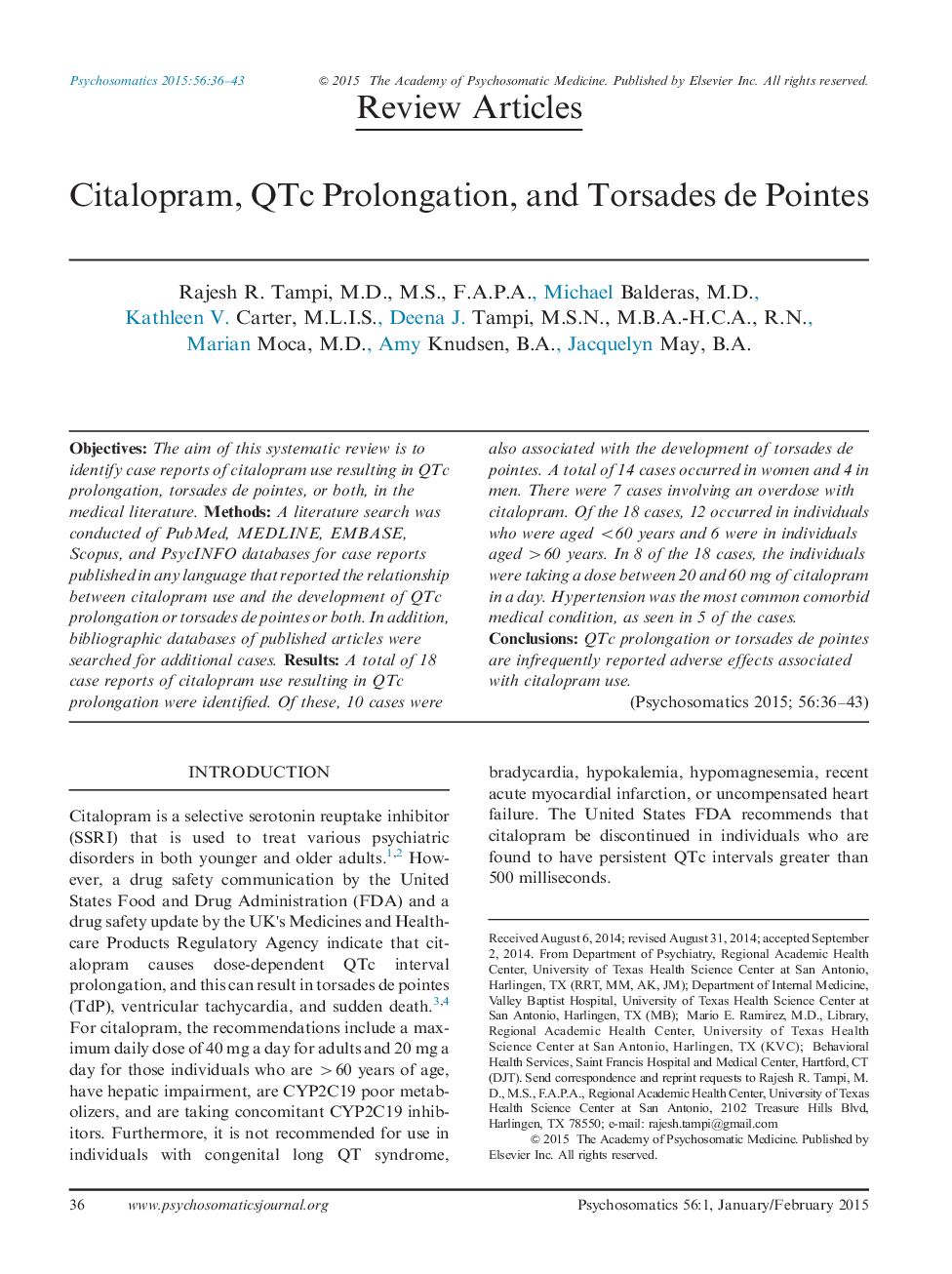 Citalopram, QTc Prolongation, and Torsades de Pointes