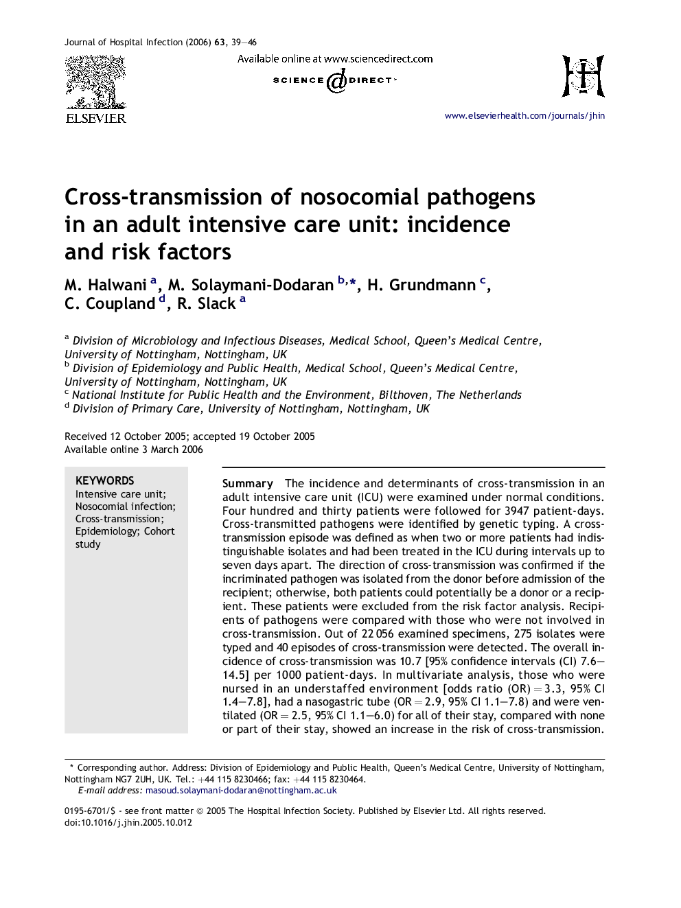 Cross-transmission of nosocomial pathogens in an adult intensive care unit: incidence and risk factors