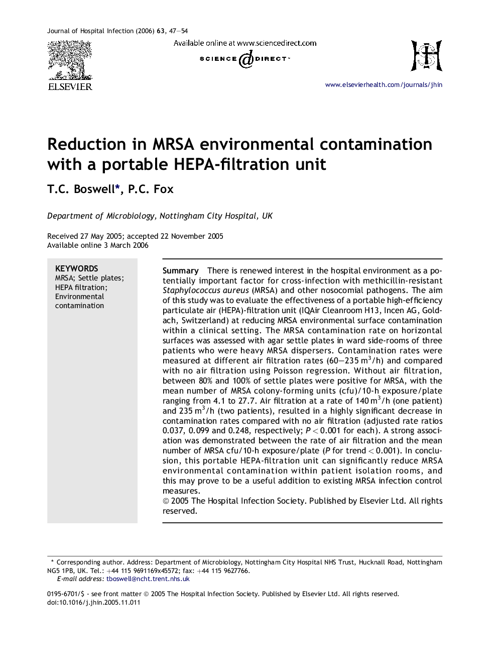 Reduction in MRSA environmental contamination with a portable HEPA-filtration unit