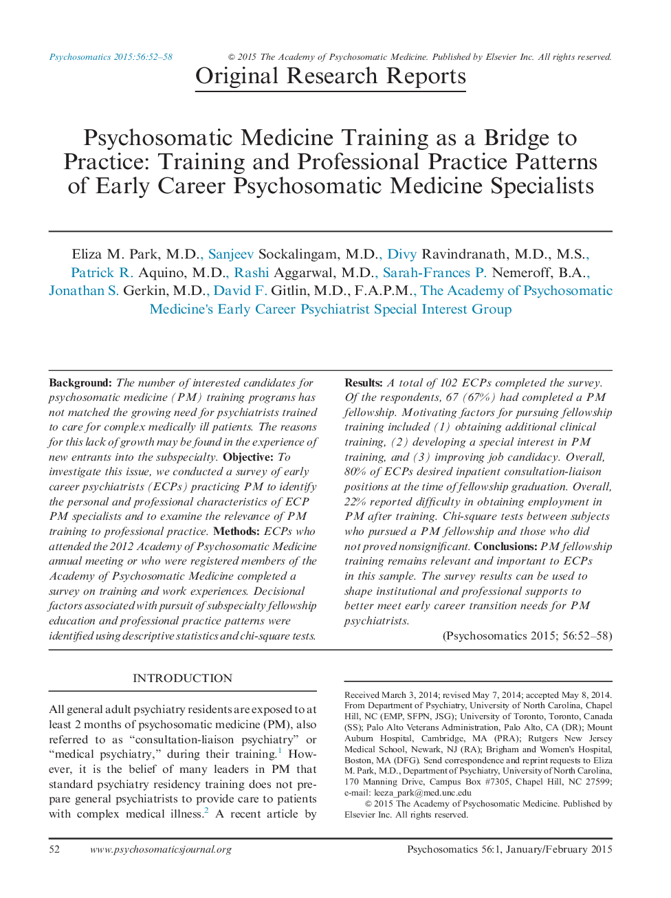 Psychosomatic Medicine Training as a Bridge to Practice: Training and Professional Practice Patterns of Early Career Psychosomatic Medicine Specialists