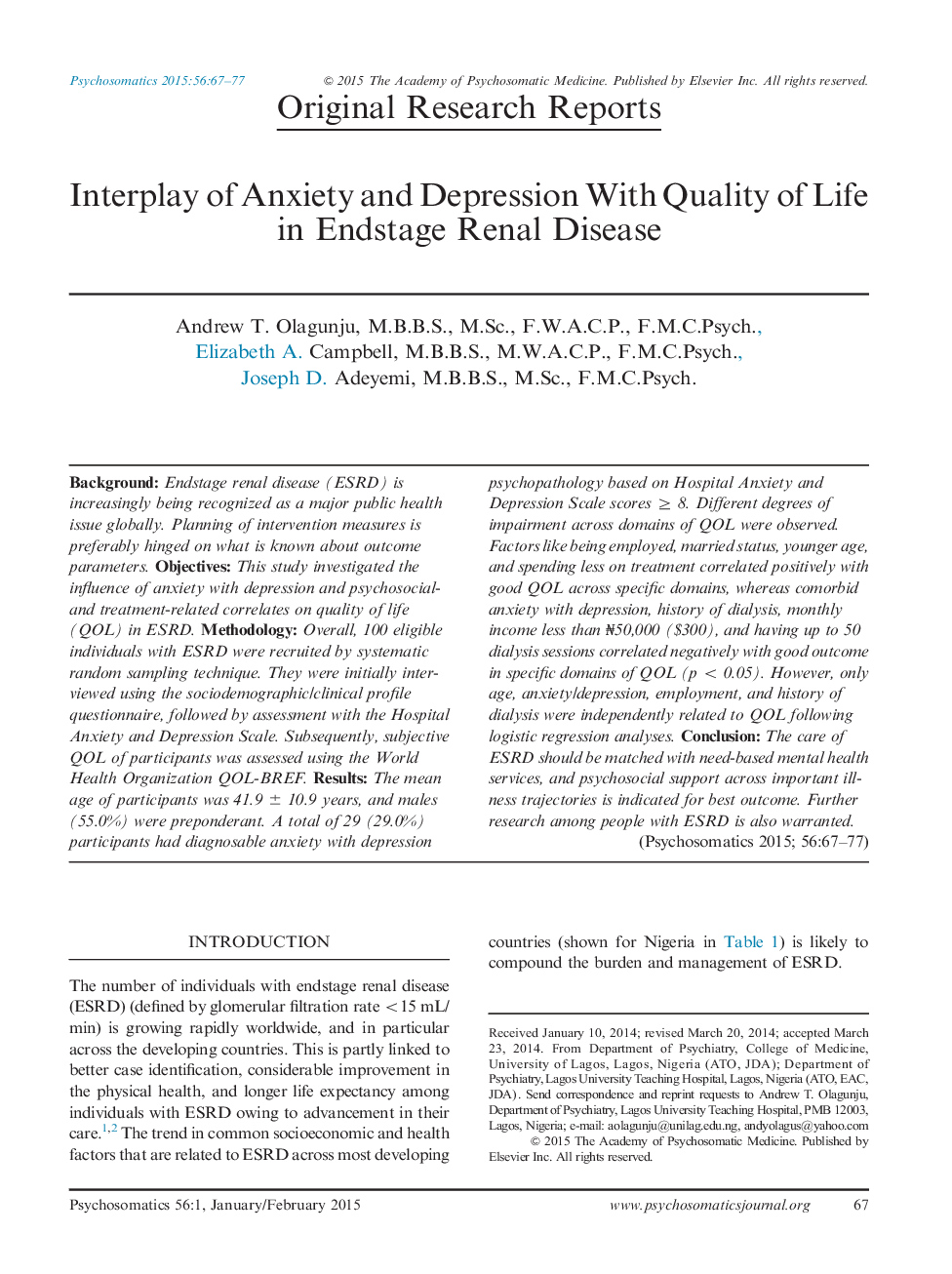 Interplay of Anxiety and Depression With Quality of Life in Endstage Renal Disease
